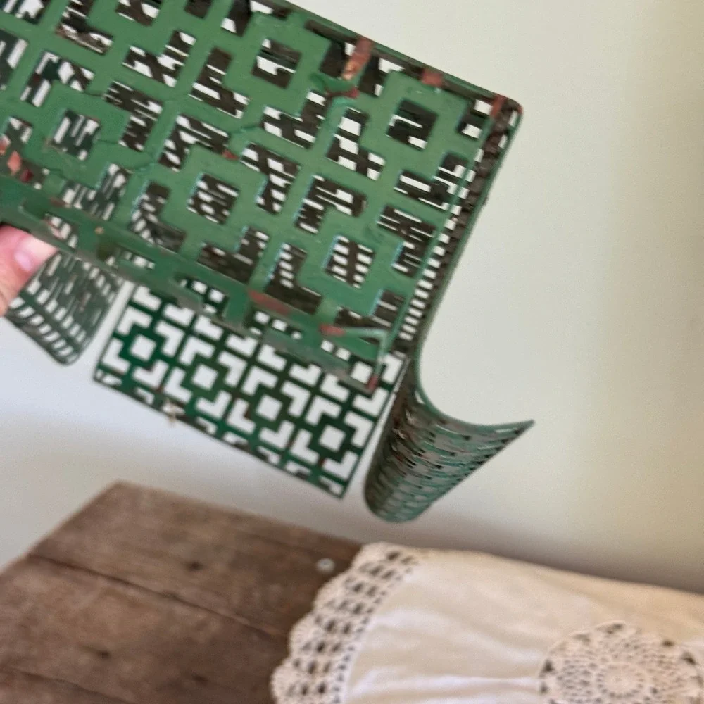 Vintage Green Metal Greek Key Fretwork Industrial Wire Basket Tray Organizer